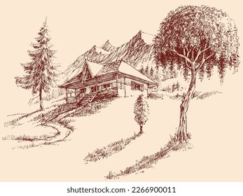 Wooden house cabin retreat in the mountains drawing