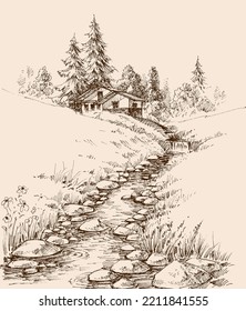 Wooden house cabin retreat river shore drawing
