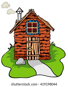 Wooden house cartoon, vector. The old hut with a wooden roof, isolated on white.