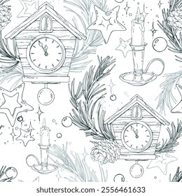 Wooden house clock with cuckoo, pine branches and cones, candles in a candlestick, sparkling stars. Line art is a simple hand-drawn illustration in black and white ink. Seamless pattern vector EPS