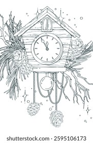 Wooden house clock, pine branches and cones, tree branches, beads, sparkling stars. Christmas, New Year Line art is a simple hand-drawn illustration in black and white ink. Card arrangement vector
