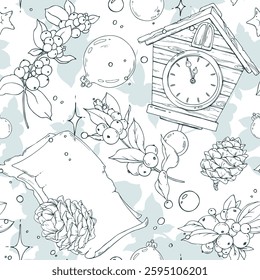 Wooden house clock, snowberry, letter, cones, Christmas tree balls, sparkling stars. Christmas, New Year Line art is a simple hand-drawn illustration in black and white ink. Seamless pattern vector