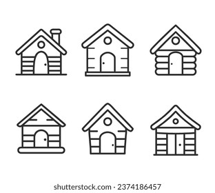 Wooden house concept icon set. Vector cabin hut line style.