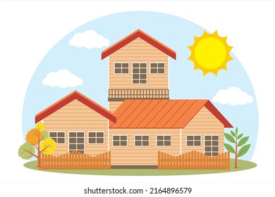 Wooden house construction. Simple wooden house. Illustration of a wooden house on a blue sky background