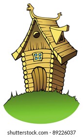 Wooden house or cottage in cartoon style, vector illustration