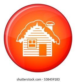 Wooden house covered with snow icon in red circle isolated on white background vector illustration