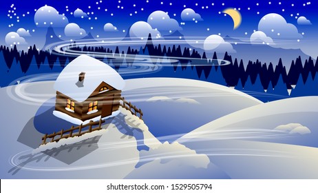 a wooden house covered with snow with luminous windows, with a chimney and a fence is located on snowy hills against a background of coniferous forest and the night sky with the moon, clouds and stars