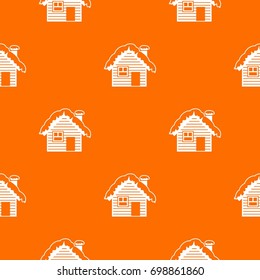 Wooden house covered with snow pattern repeat seamless in orange color for any design. Vector geometric illustration