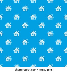 Wooden house covered with snow pattern repeat seamless in blue color for any design. Vector geometric illustration
