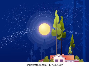 Wooden house in the deep forest, foresters hut, vector cartoon, mystical moonlight, night sky
