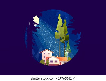 Wooden house in the deep forest, foresters hut, vector cartoon in a round shape, mystical moonlight, night sky