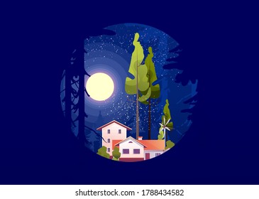 Wooden house in the deep forest, foresters hut, vector cartoon in a round shape, mystical moonlight, night sky