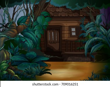 Wooden house in the deep forest illustration
