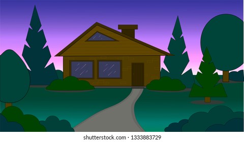 Wooden house in the distance stands in the forest, dawn