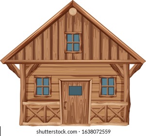 Wooden house with door and windows on white background illustration