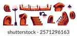 Wooden house elements set with brown doors, bridge construction with rope, lamp poles and wall lanterns, staircases with railings and decorative flowerpot. Fantasy game interface components.