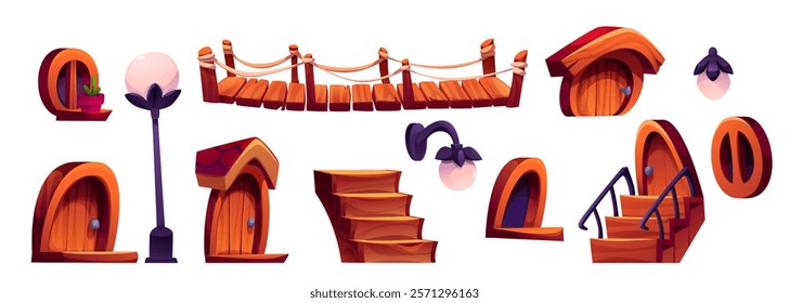 Wooden house elements set with brown doors, bridge construction with rope, lamp poles and wall lanterns, staircases with railings and decorative flowerpot. Fantasy game interface components.