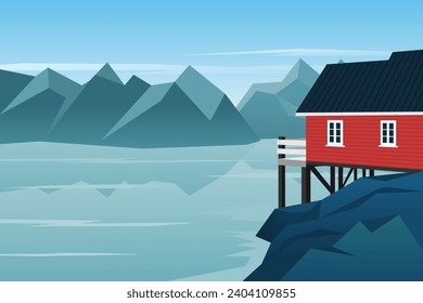 Wooden house exterior with beautiful lake and mountain landscape. Norway. Red house. Scandinavia. Vector illustration.