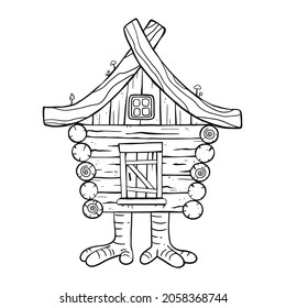 Wooden house fairy grandmother Yaga. Hut on chicken legs. The witch's house. Vector illustration. Magic. Forest house. Russian folklore.