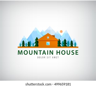 Ilustración vectorial de diseño plano de casa de madera. Logotipo para marca comercial de la empresa. Logo de la casa al pie de la montaña, icono de la empresa inmobiliaria
