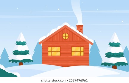 A wooden house flat illustration with a snow-covered roof sits amidst a snowy forest. Smoke billows from the chimney, adding warmth to the winter scene. Perfect for winter-themed designs and holiday