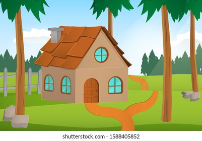 Wooden house in the forest among the trees