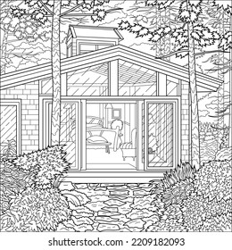 Casa de madera en el bosque. Antiestrés en libros de colores para niños y adultos. Ilustración aislada sobre fondo blanco. Dibujo manual
