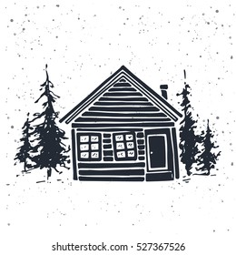 Wooden house in the forest, the concept of eco friendly life . Hand drawing vector illustration