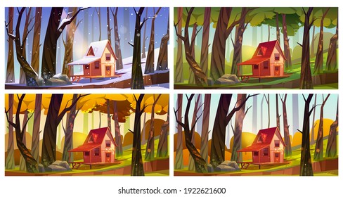 Wooden house in forest at different seasons. Vector set of cartoon illustration of winter, spring, summer and autumn landscape of woods with forester shack and trees