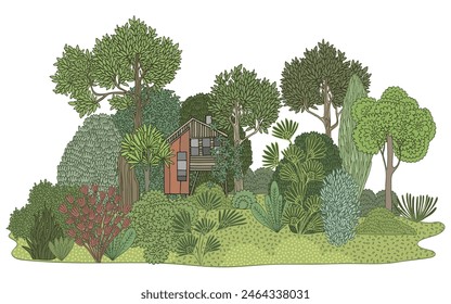 Wooden house in the forest. Hand drawn stylized trees.