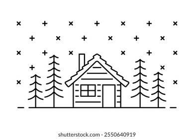 Wooden house in the forest icon. Black outline linear silhouette. Editable strokes. Front view. Vector simple flat graphic illustration. Isolated object on white background. Isolate.