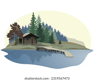 Wooden house in the forest near the lake, natural landscape. Vector illustration.