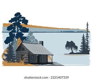 Wooden house in the forest near the lake, natural landscape. Vector illustration.