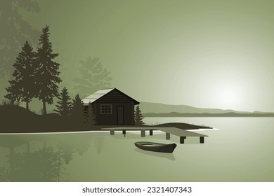 Holzhaus im Wald nahe dem See mit Steg und Schiff, Naturlandschaft, Sonnenuntergang. Vektorgrafik.