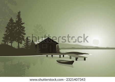 Wooden house in the forest near the lake with pier and boat, natural landscape, sunset sunrise. Vector illustration.