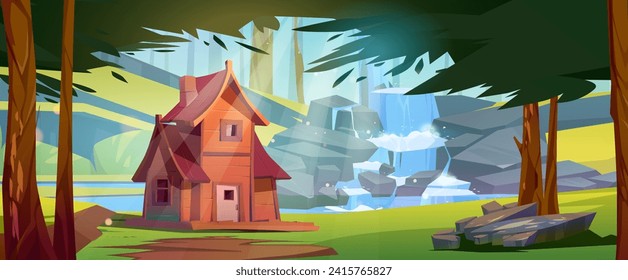 Holzhaus in Wald am Ufer des Flusses mit kaskadenem Wasserfall. Cartoon Vektorlandschaft mit Holzhütte oder Hütte am Flussufer, Wasserstrom fließen und fallen auf große Felsen, grüne Bäume und Gras.