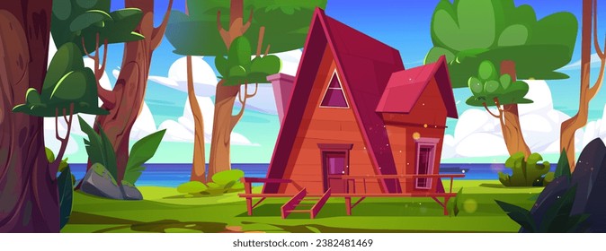 Wooden house in forest with river. Vector cartoon illustration of cozy rustic cottage with patio, green trees, grass and moss on stones, blue lake water, fluffy clouds in blue sky, fairytale woodland