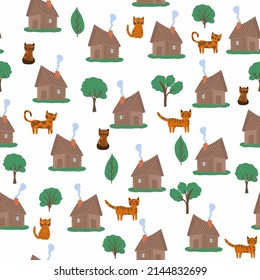 Wooden house in the forest seamless pattern. Scene with deciduous trees, fir trees and a Russian hut.