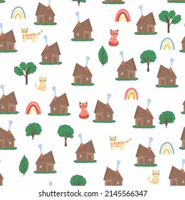 Wooden house in the forest seamless pattern. Scene with deciduous trees, fir trees and a Russian hut.