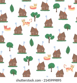 Wooden house in the forest seamless pattern. Scene with deciduous trees, fir trees and a Russian hut.