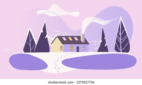 Wooden house in the forest with smoke froma brick chimney. Winter forest with stylized pines and spruces. Hand drown clouds and winter forest