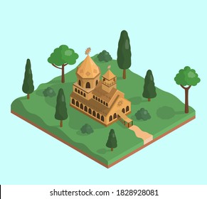  wooden house in the forest in the style of Slavic pagan architecture. Isometric drawing