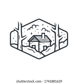 wooden house in the forest vector. badges and logo patches. Mountain tourism, hiking. Forest camp labels in vintage style, Camping outdoor adventure emblems.