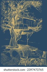 Wooden house in the forest, vintage line drawing or engraving illustration.

