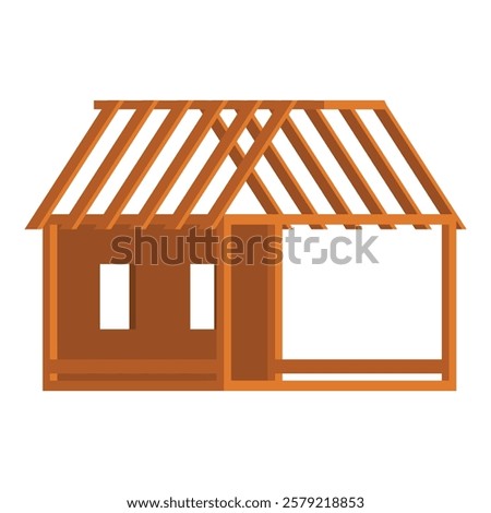 Wooden house frame is being constructed with timber beams