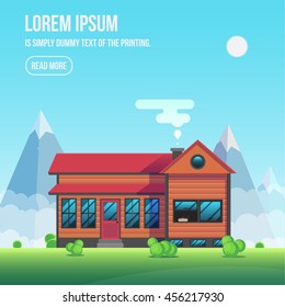 Wooden house with garden on the nature.vector flat illustration.