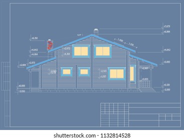  Wooden house from glued profiled beam, 3D, facade, realistic image, blueprint. Vector 