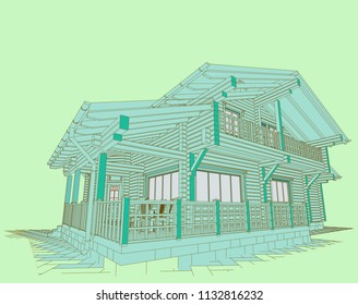 Wooden house from glued profiled beam, 3D, perspective, realistic image, blueprint. Vector