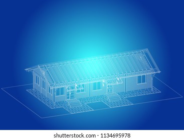 Wooden house from glued profiled beam, rafters, roof, top view, 3D, perspective, realistic image, blueprint. Vector