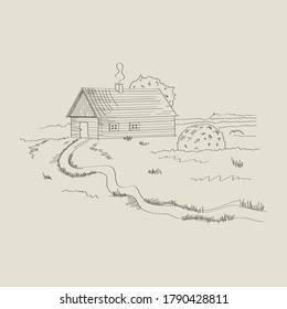 Wooden house with a haystack in the foreground. Winter landscape. Vector illustration